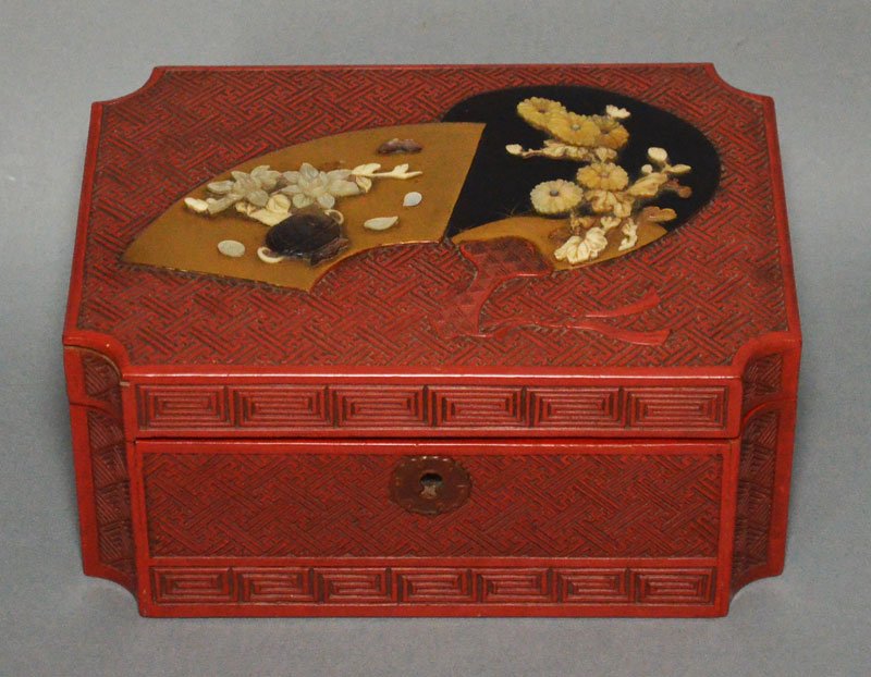 Chinese Red Cinnabar Box w Mother of Pearl Fans (1 of 4)