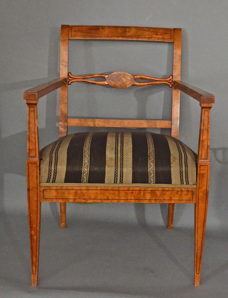 Pr of Birch Arm Chairs with Inlaid Detailing: They measure 34.25" tall x 23.25" wide x 20" deep. In estate found condition, some scuffs, upholstery has some light staining.