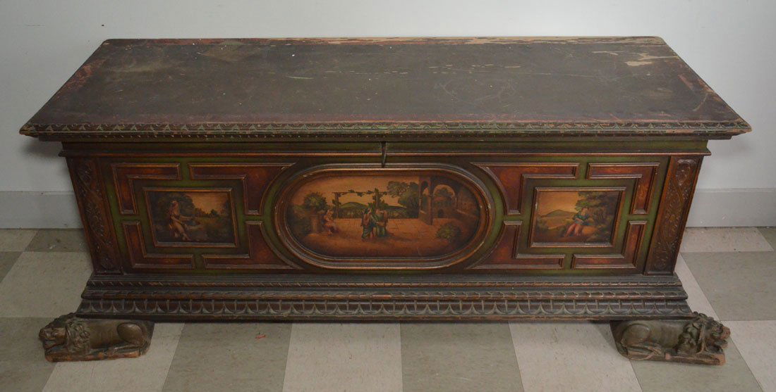Pompeii Style Painted Chest w Figural Lion Feet (1 of 4)