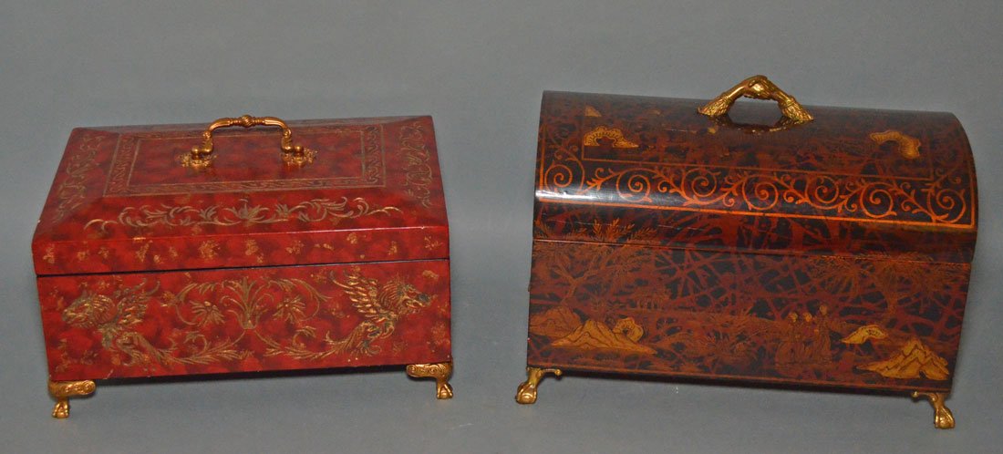 2 Maitland Smith Chinoiserie Decorative Boxes: Red: 7.25" tall x 13 1/8" wide x 9 1/8" deep Brown: 11"tall x 14" wide x 8" deep