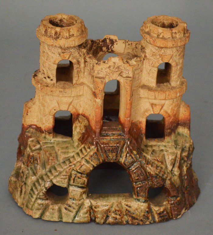 Attributed to Anna Pottery Fish Tank Castle: Unsigned, partial glazed fish tank castle. It measures 6.25" tall x 6.25" wide x 4" deep