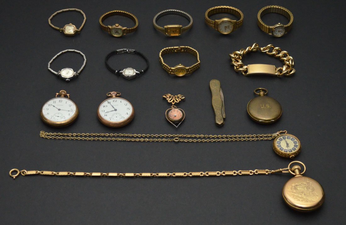 Lot of Pocket & Wrist Watches: Lot includes: Westclox, 2 Walthams, Caroline pocket watches, Military compass, Banner lapel watch, Citizen,3 Timex, Vantage, Elgin, Pilsar, and Hamilton wristwatches and a gold plated bracelet.
