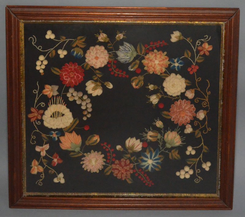Welsh Framed Woolen Needlework: Frame: 31.5" x 29.5"/ Image: 26.25" x 24.5"