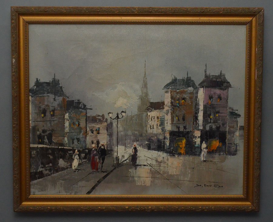Jean Dufy French Street Scene Painting: Frame: 22.5" x 18.5"/ Image: 19.5" x 15.5"