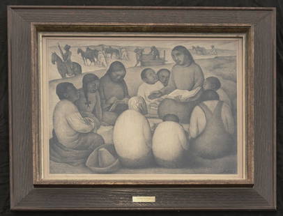 Diego Rivera Signed Lithograph Etching: numbered 20/100 Frame: 23.5" x 19.5" image: 16.25" x 12.5". It has been removed the frame to find that it has been been glued down with the matting glued as well. The paper has a yellowish hue.