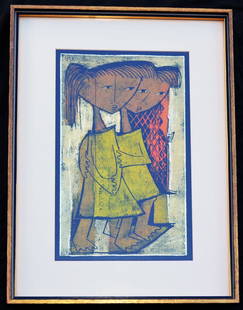 Angel Botello Signed & Numbered Linocut Litho: Frame measures 21.75" x 15 5/8" Image measures 14.75" x 8.75"