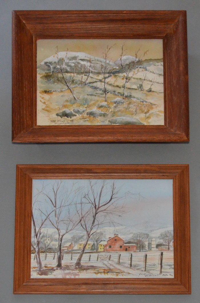 2 Norman Makenzie Vermont Watercolors: Farm scene frame: 15.5" x 12.75" image: 12.5" x 9.5". Tree scene frame: 15.75" x 13" image: 11.5" x 8.5"