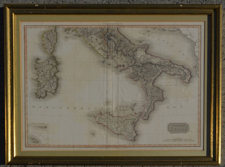 1812 Pinkerton Map of Southern Italy: Circa 1812 map. Frame: 33.75" x 26" image sight: 28.5" x 20.75"