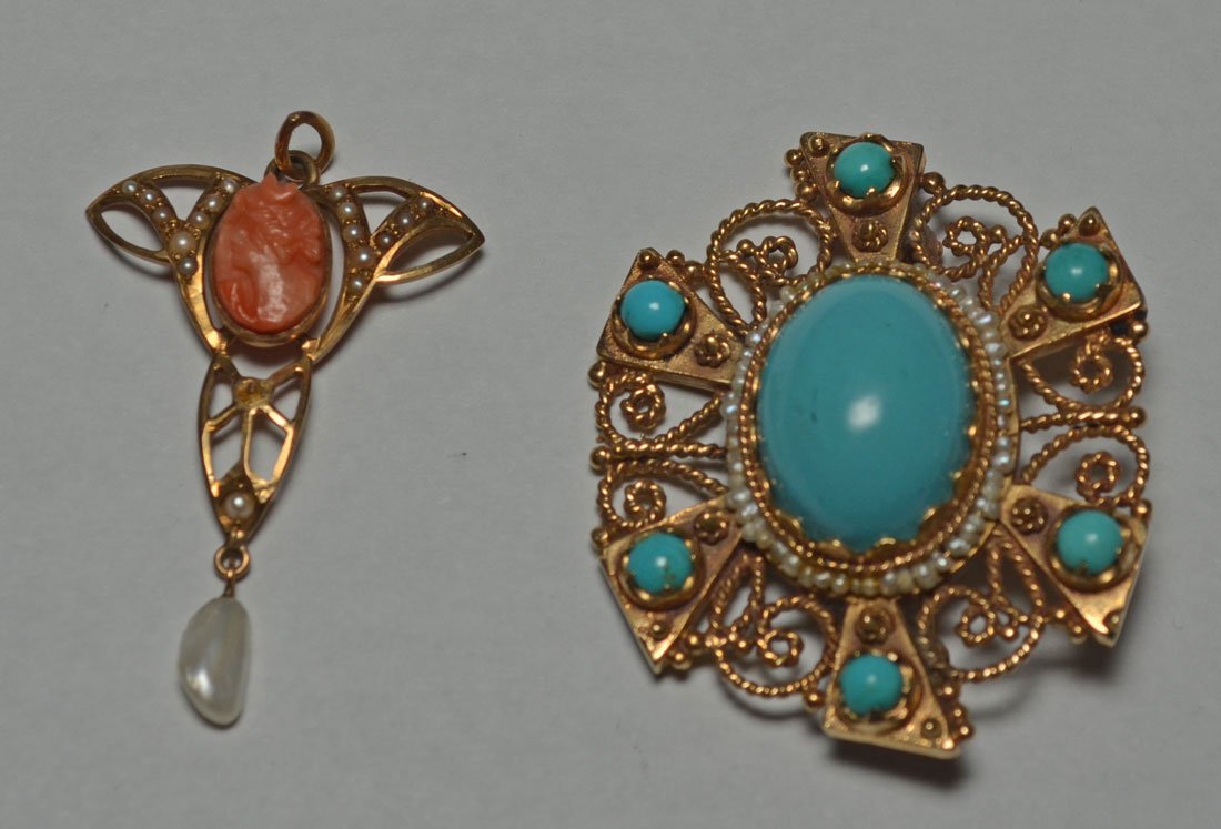 2 Antique 14K Gold Pins (Coral, Turquoise) (1 of 3)