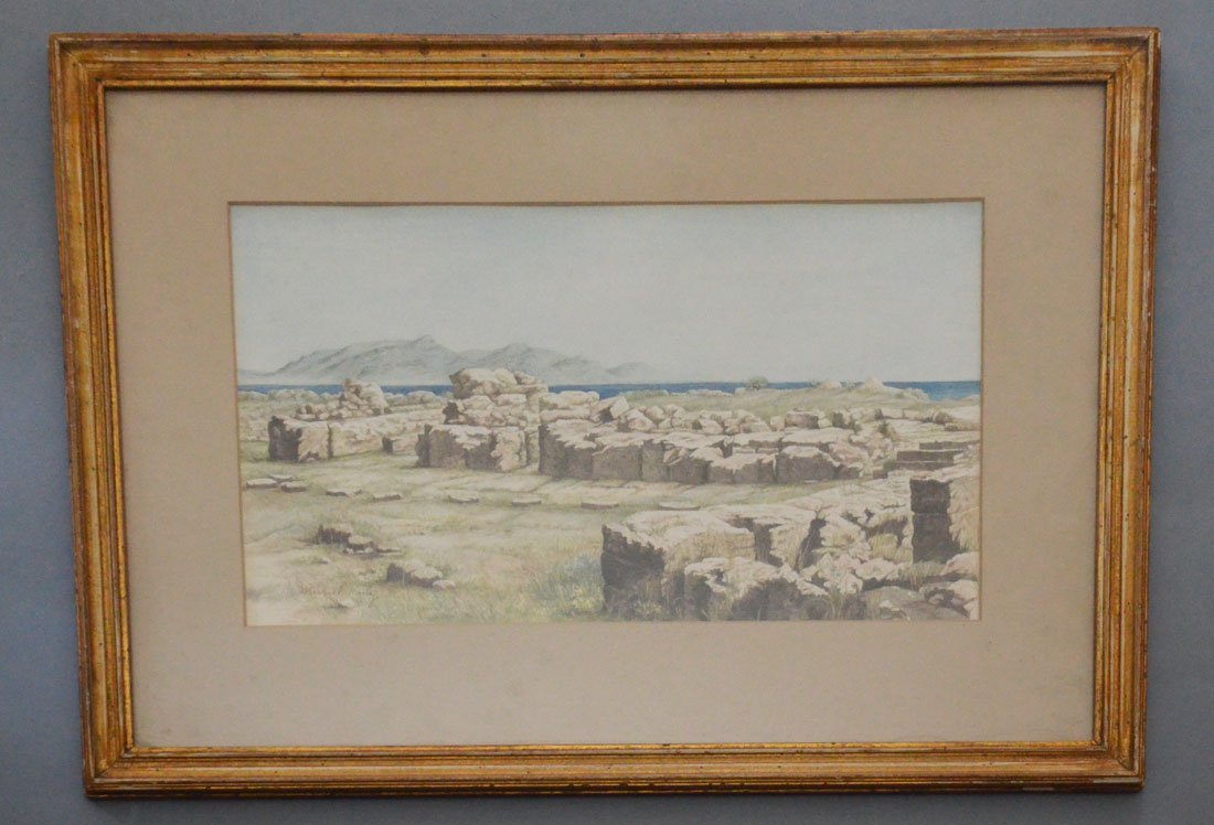 Muriel King Watercolor of Greek Isles: Muriel King (1900?1977) was an American fashion designer based in New York. Frame: 22" x 16.75" / Image: 15" x 9"