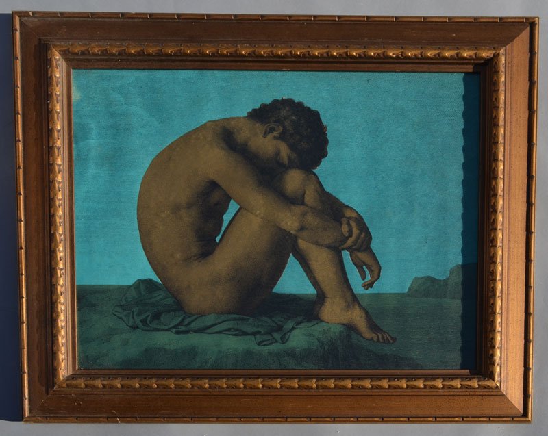 Charming Nude Male Colored Litho: In the manner of Maxfield Parrish. 30.25" x 25" / Image: 23.25" x 18"