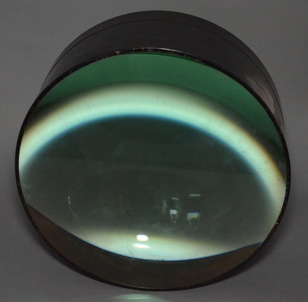 Large Magnifier Possibly Lighthouse Lens: Measure 14 1/8" diameter 6" deep, has some scuffing, chipped paint.