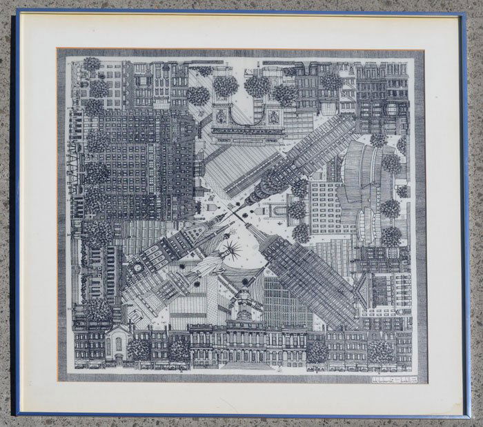 Bob Bednarski New York City Dunhill Scarf: Frame: 34.5" x 34.25" / Image: 28" x 27.5". In very good overall condition.