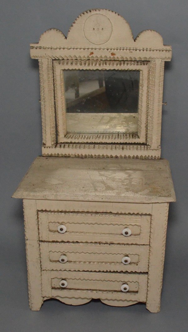 Antique Painted Tramp Art Miniature Vanity Dresser: 26 7/8" tall x 14" wide x 9.75" deep, in garage stored found condition with wear including staining, etc.
