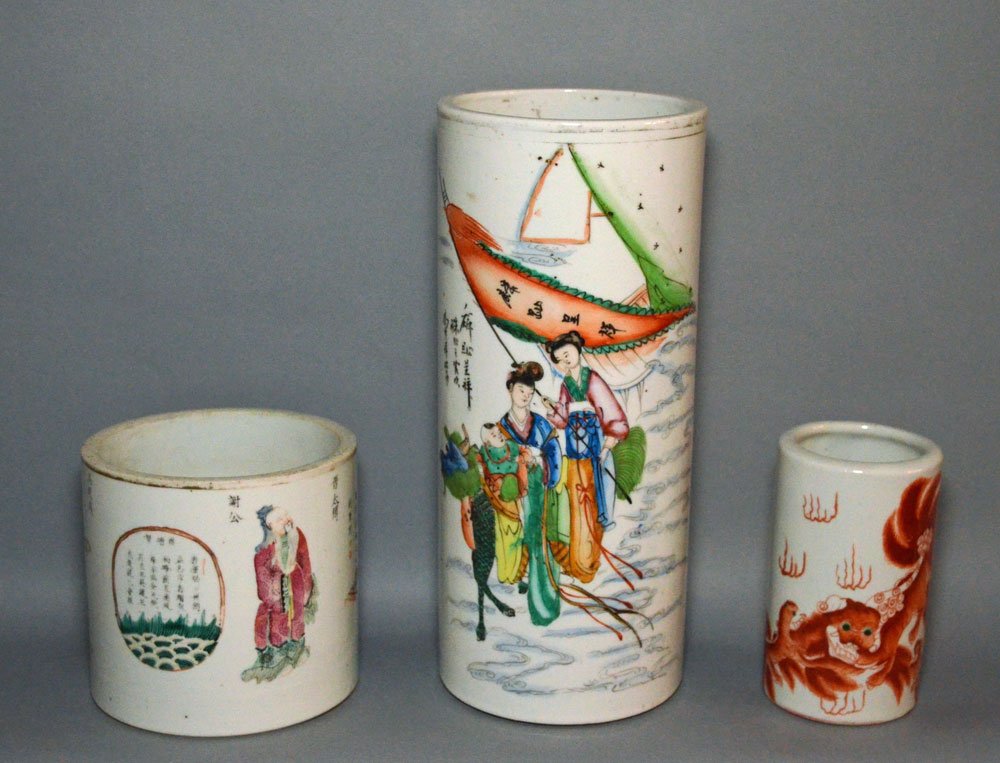 3 Signed Antique Chinese Porcelain Brush Pots (1 of 9)
