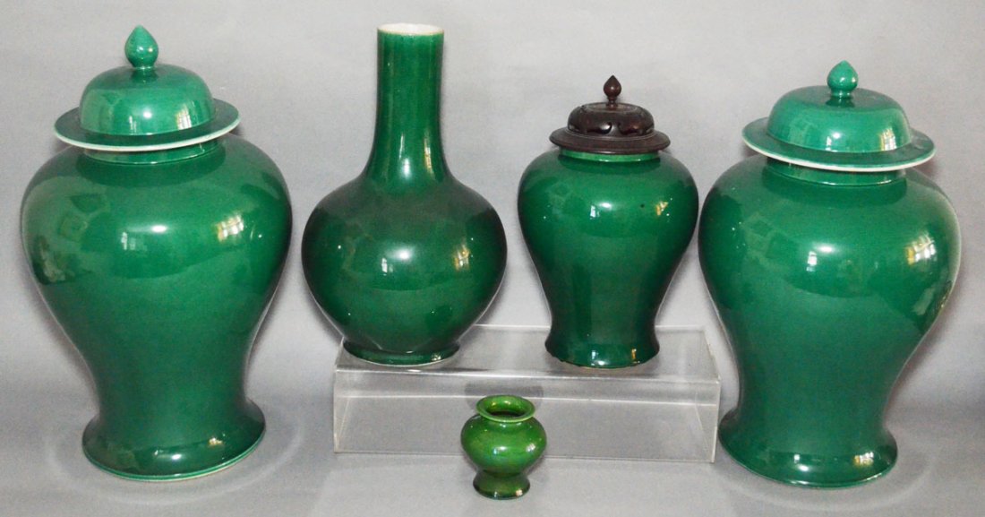 Pr Of Apple Green Covered Urns & 3 Vases (1 of 4)