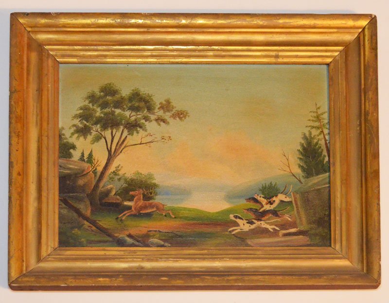 19th Century O/C  Hudson River Painting of Dogs Chasing (1 of 3)