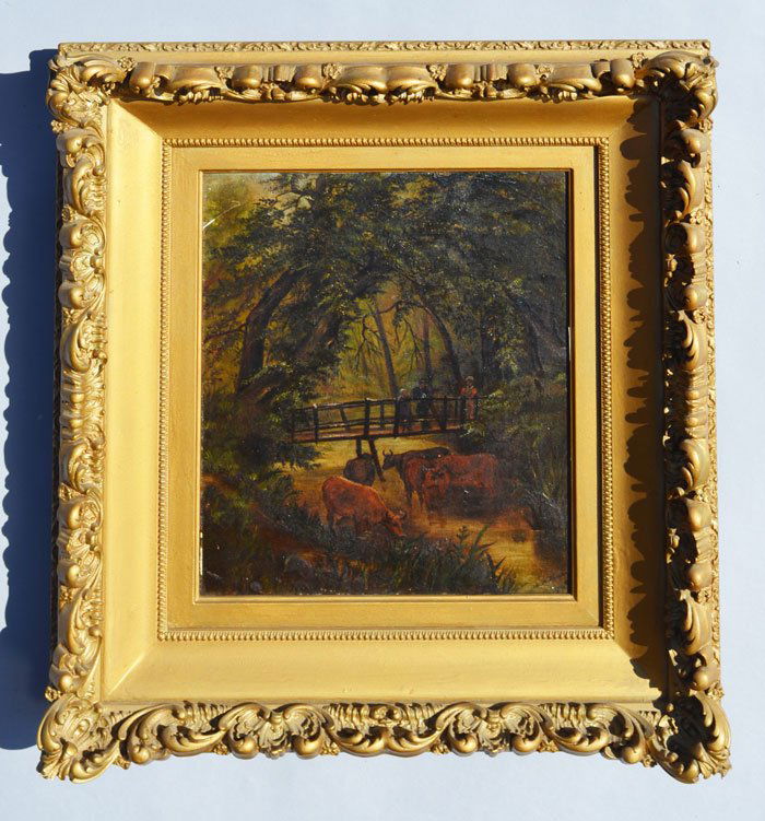 Wooded Cows by Bridge O/C Scene Signed N.A. Harris (1 of 3)