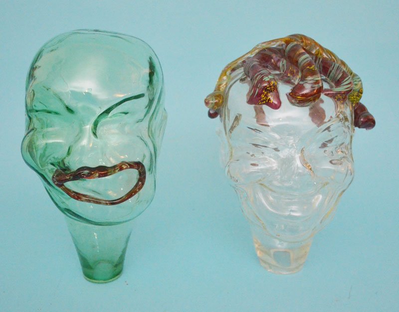 2 Art Glass "Fred" Heads By Larry Livolsi: Black Lip: 11" tall x 5.5" wide x 6" deep / Curly: 12" tall x 8" wide x 8" deep.
