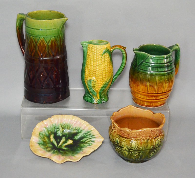 5 Antique Majolica Pottery Pieces (Pitchers, Corn, (1 of 4)