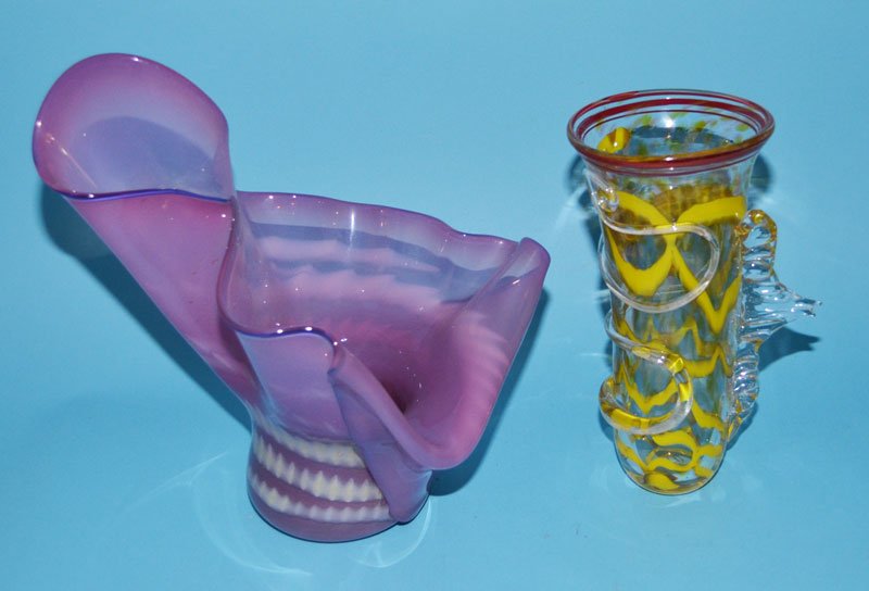 Art Glass Yellow & Red Vase w Purple Handkerchief Bowl: Purple: 14.5" tall x 13" x 11" / Yellow & Red: 12.25" x 5 5/8"