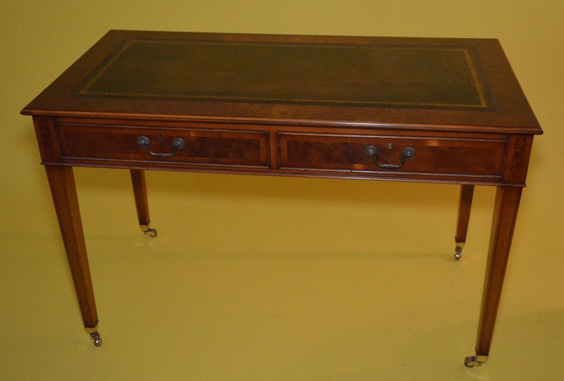 Burl & Leather Top Partners Desk: 31" tall x 48" long x 24" deep. Has some scratches/scuffing, minor staining.