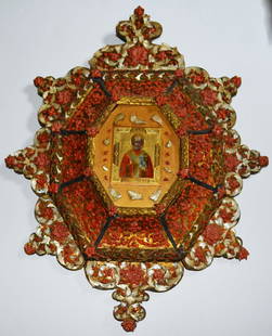 Russian Coral & Mother of Pearl Icon: Measures 30.5" tall x 23.75" wide x 3.5" deep. In very nice overall condition. We believe the rosettes are not real coral though.