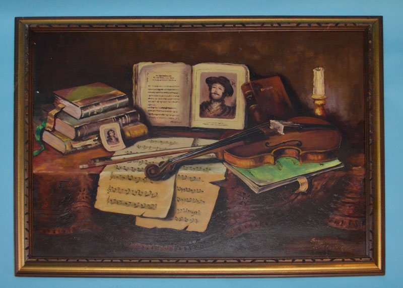 1906 Illegibly Signed Musical Still Life Painting (1 of 4)