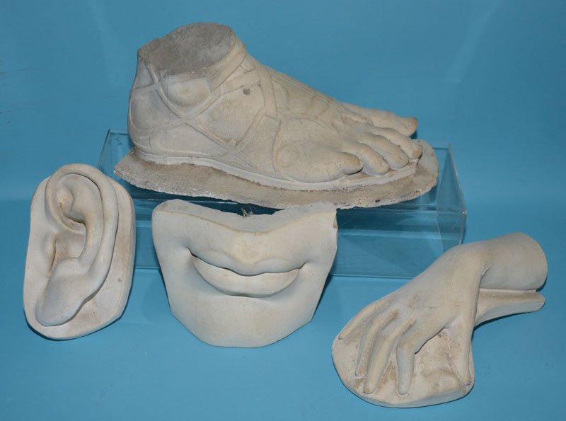 4 Plaster Anatomical Decorative Sculptures: Ranges Foot (14.5"l x 6.75" x 6.25"t), ear (7.5" x 4 7/8"). Has some cracks, chips, soiling.