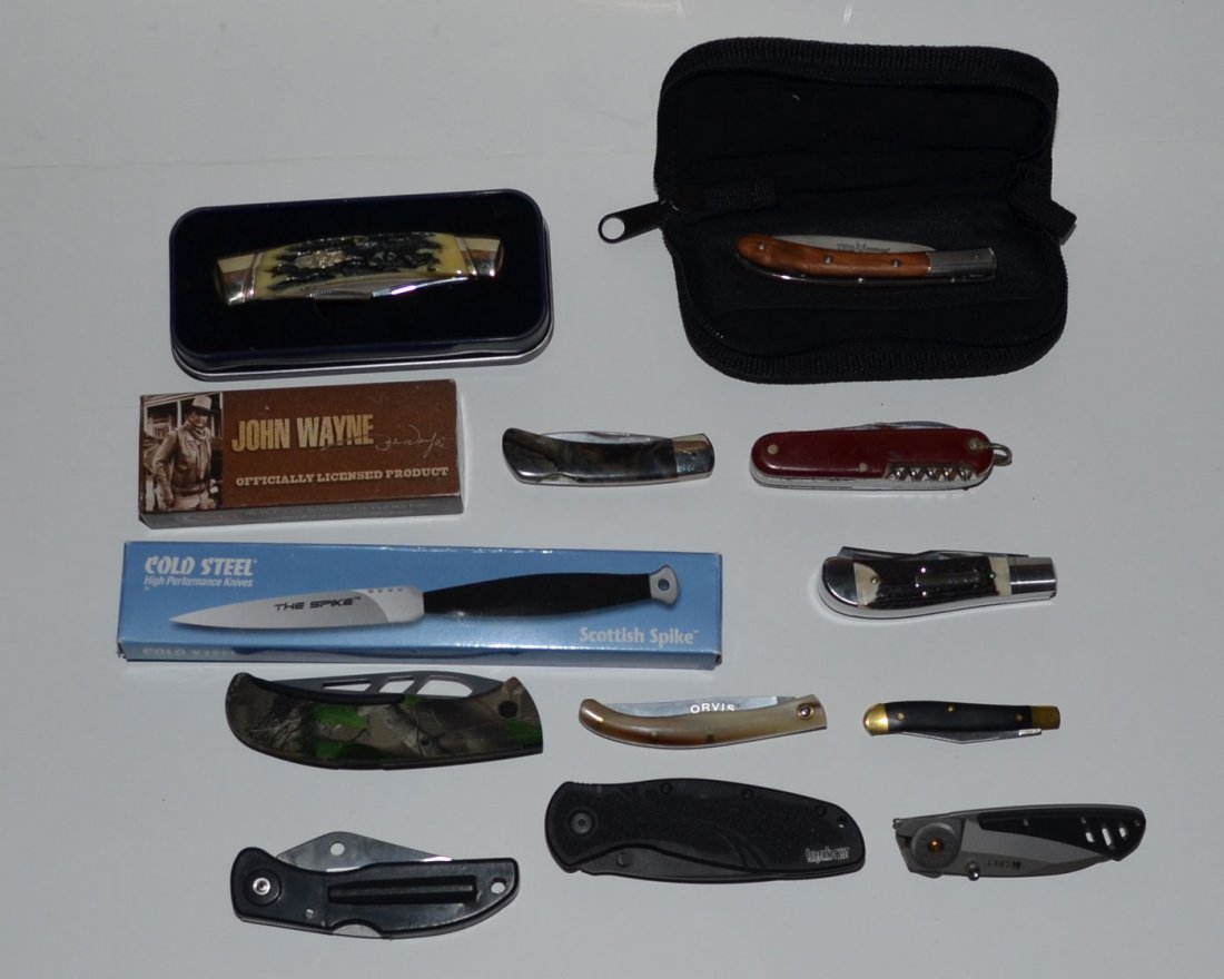 Collection of Pocketknives: Some manufacturers include Case, Cold Steel, Kershaw, Orvis, CRKT, Gerber, A.G. Russell, Fox, Colt & more. All are in estate found condition. Some are in original box and some are not. Some have been 