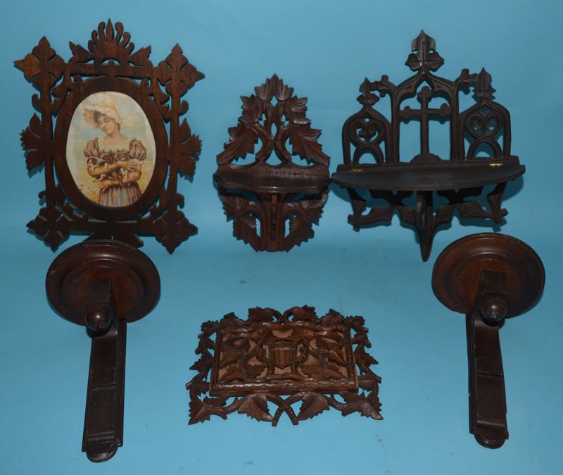 6 Antique Victorian Carved Wood Wall Accessories: They vary in size from 9.75" tall x 9.25" wide to 15.75" tall x 11.25" wide. All in nice estate found condition. They do have some scratches, wear and use.