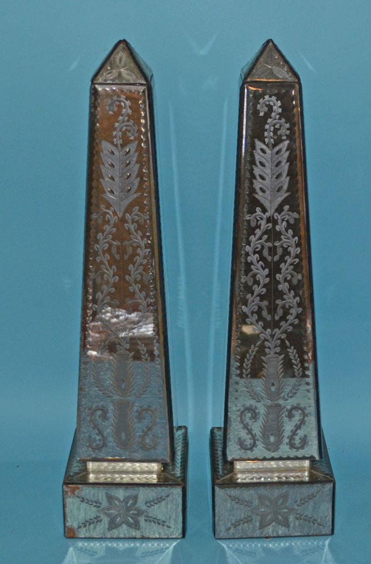 Pair of Etched Mirrored Obelisks (1 of 2)