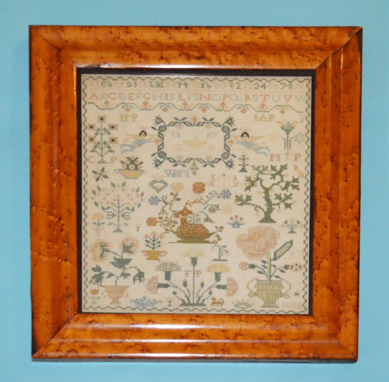 Antique Needlework Sampler in Birds Eye Frame