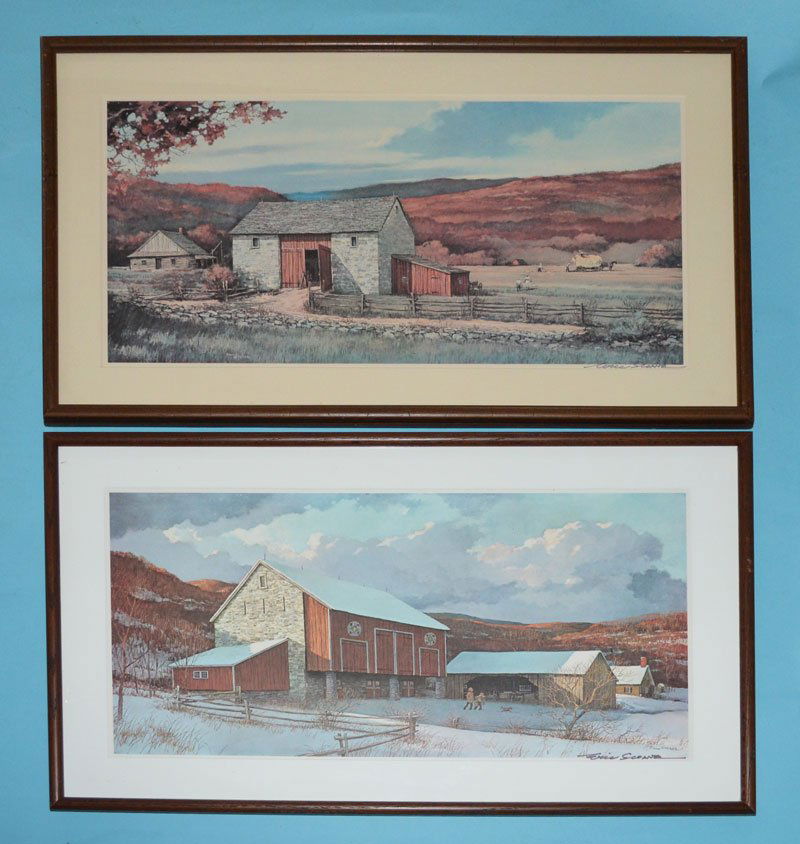 Pr of Eric Sloane Farm Scene Signed Lithos: Lithographs / prints: Frame: 29.5" x 17.5" / Image: 24.5" x 12.5". In good overall estate found condition.