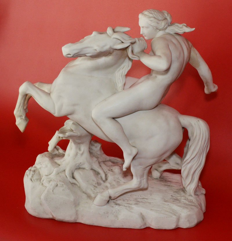 Minton Grecian Warrior Parian Porcelain Statue: Measures 15.25" tall x 14" long x 6" wide. In nice overall estate found condition. One leg of the horse and an arm of the woman has been repaired.