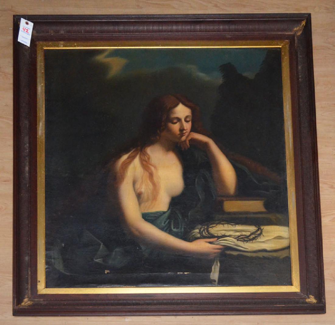 Mary Magdalene Painting after Cesare Gennari: Frame measures 54.75 x 49.25 Image: 39 x 44.75". In the state found condition has a small tear, some paint cracklature, minor paint loss, could use a cleaning