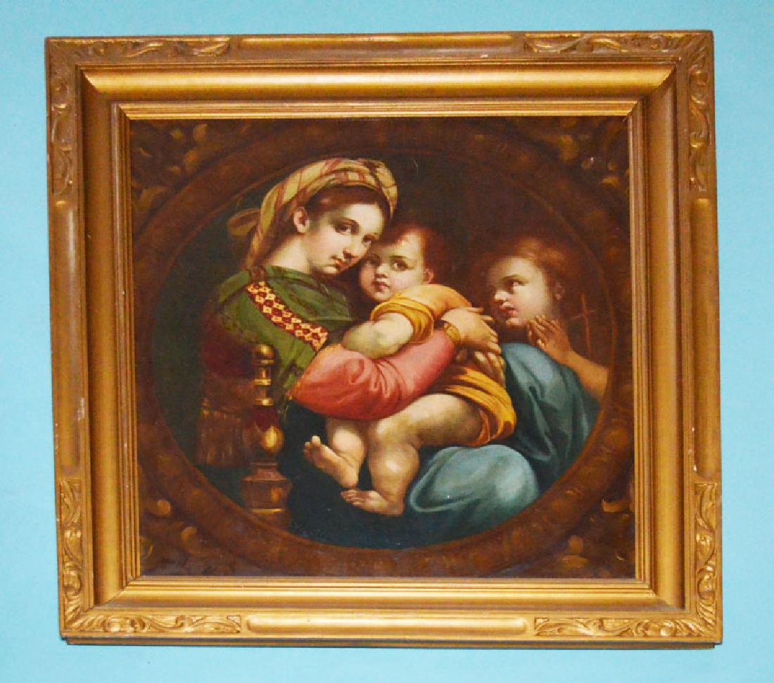 Madonna of the Chair O/C Painting after Rafael: Frame: 30.25" x 28.25" / Image: 23 3/8" x 21 3/8". In nice overall condition. Some stretching issues to corners.