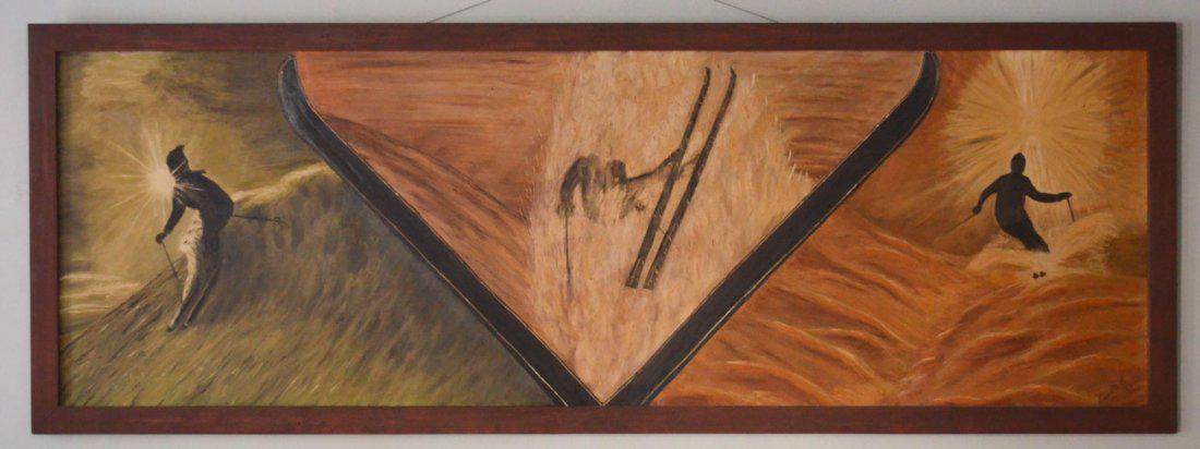 Signed Laurette Mid Century Snow Skiing Painting (1 of 3)