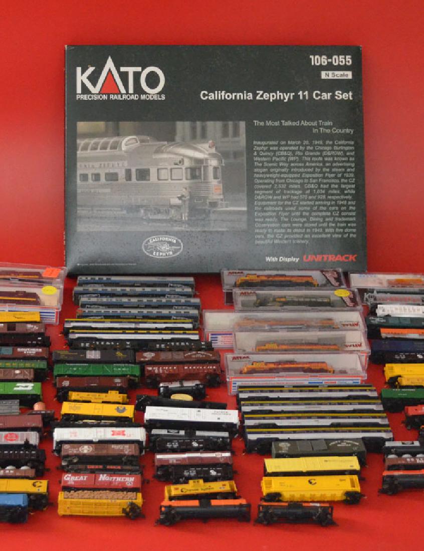 Kato & Atlas N Scale Trains: Lot includes: 60 plus cars. They include: Atlas, Kato California Zephyr 11 car set. All in nice overall condition.