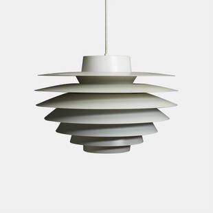 Svend Middelboe, Verona Hanging Pendant: By Svend Middelboe, a Verona hanging pendant for Nordisk Solar, featuring concentric steel rings.Denmark, Designed 1965 / Executed c.1990Diameter : 19" Height : 12.25"Painted Steel, Plastic, Wiring