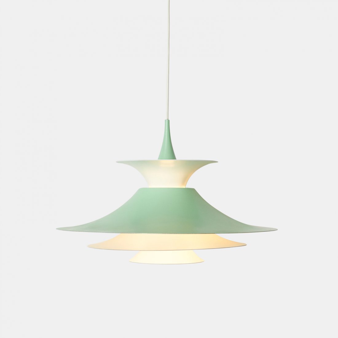 Eric Balslev, Radius Pendant Lamp for Fog & Morup: A Pendant Lamp by Erik Balslev for Fog & Morup.Green and white Lacquered aluminum.Denmark, c1960Diameter : 18.5" Height : 12"Aluminum, Wiring
