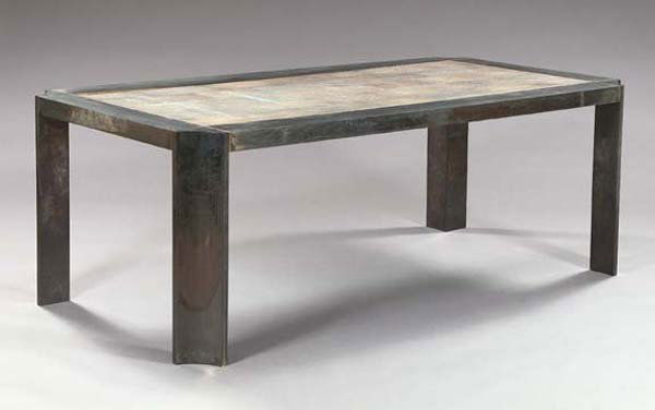 Dark Bronze-Patinated Brass Dining Table: Attractive Dark Bronze-Patinated Brass Dining Table, with inset gray shagreen top in the Post-Modern style, h. 31", w. 84", d. 42".