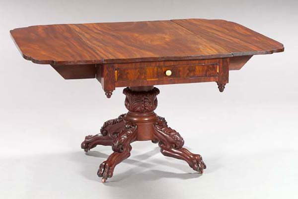 American Late Classical Mahogany Drop-Leaf Table: Fine American Late Classical Mahogany Drop-Leaf Breakfast Table, second quarter 19th century, New York, the expansive single-board, figured mahogany top fitted with two shaped drop leaves, one end fit