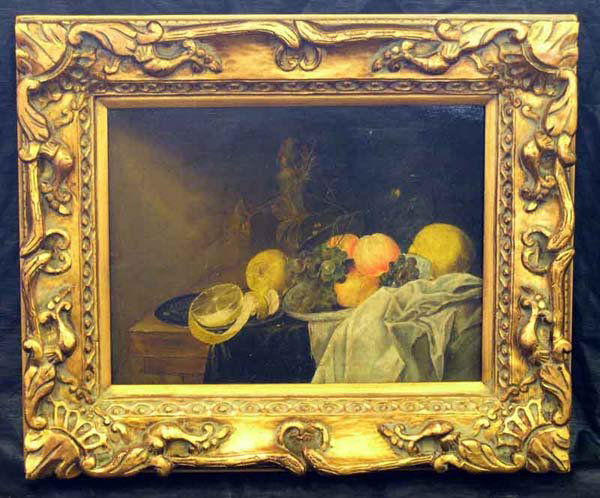 After Joris Van Son (Dutch, 1623 - 1667) "Fruit": After Joris Van Son (Dutch, 1623 - 1667) "Tabletop Still Life with Fruit", oil on panel, 12" x 16". Presented in a carved giltwood exhibition frame.