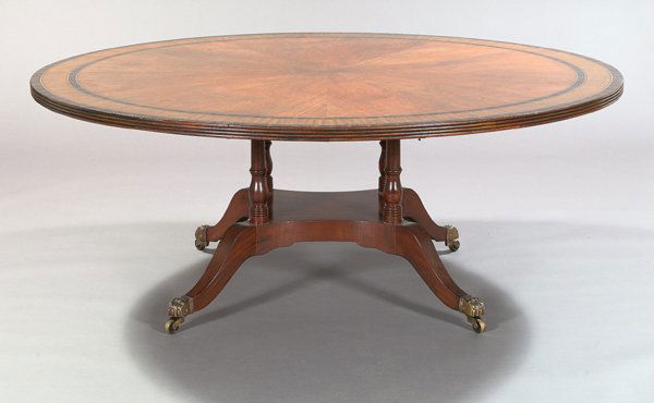 Regency-Style Mahogany Dining Table: Regency-Style Mahogany Dining Table, the circular top triple banded and raised on four turned and bulbous supports to a concave platform on four splayed legs ending in brass paws on casters, h. 30-1/2