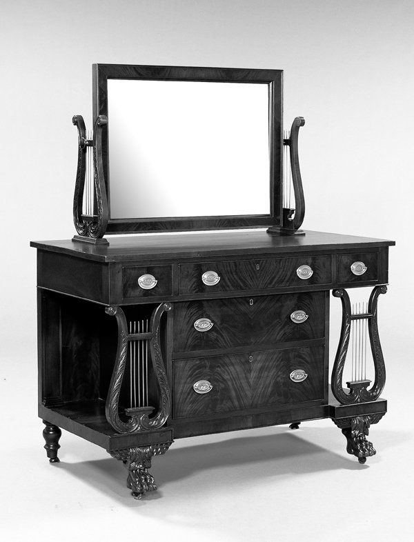 American Classical-Style Mahogany Dresser: American Classical-Style Mahogany Dresser, in the manner of Duncan Phyfe, New York, late 19th century, the rectangular mirror supported by acanthus-carved lyres and mounted to the dresser top, with a