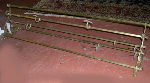 Edwardian Brass Railway Carriage Rack: Edwardian Brass Scroll-Bracketed Railway Carriage Rack, first quarter 20th century, fitted with six large sliding coat hooks and nine smaller sliding brass hooks, the rails of narrow square section, h