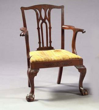 George III-Style Mahogany Armchair,: George III-Style Mahogany Armchair, in the manner of Thomas Chippendale, with a pierced central splat with curvate arms terminating in a scroll-carved handhold, the relief-carved acanthus rails raised