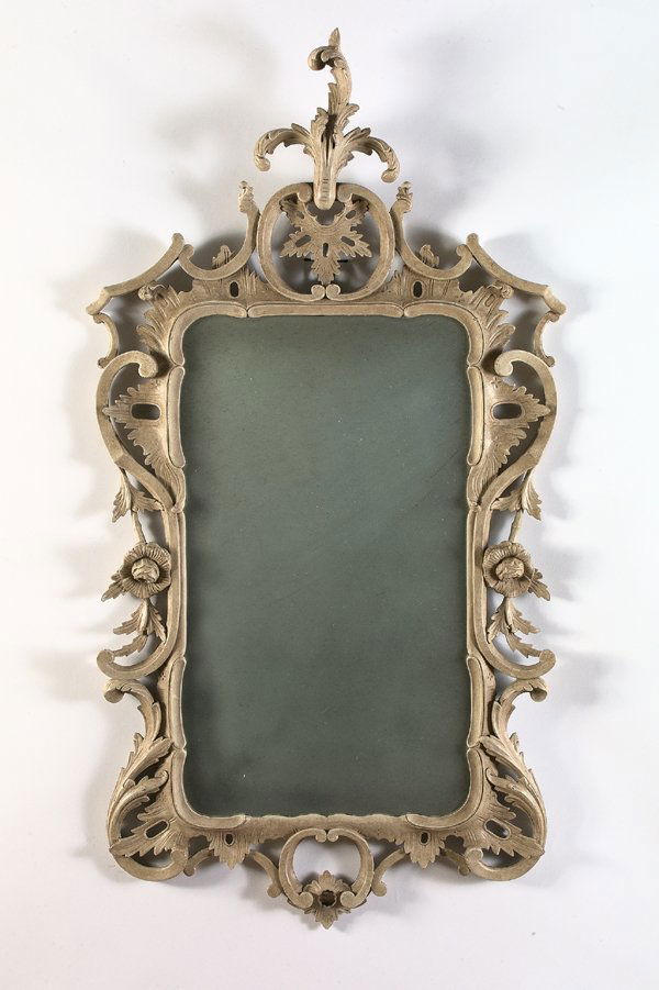 English Carved Mirror: English Carved and Matte Pale Gray-Painted Looking Glass, in the rococo manner of Thomas Johnson (1717-1786), h. 40-1/2", w. 20".