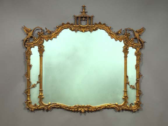 George III-Style Gesso Giltwood Tripartite Mirror: George III-Style Gesso Giltwood Tripartite Looking Glass, early 20th century, in the manner of Thomas Chippendale, the foliated scroll, serpentine crest with a central pagoda surmount flanked by avian